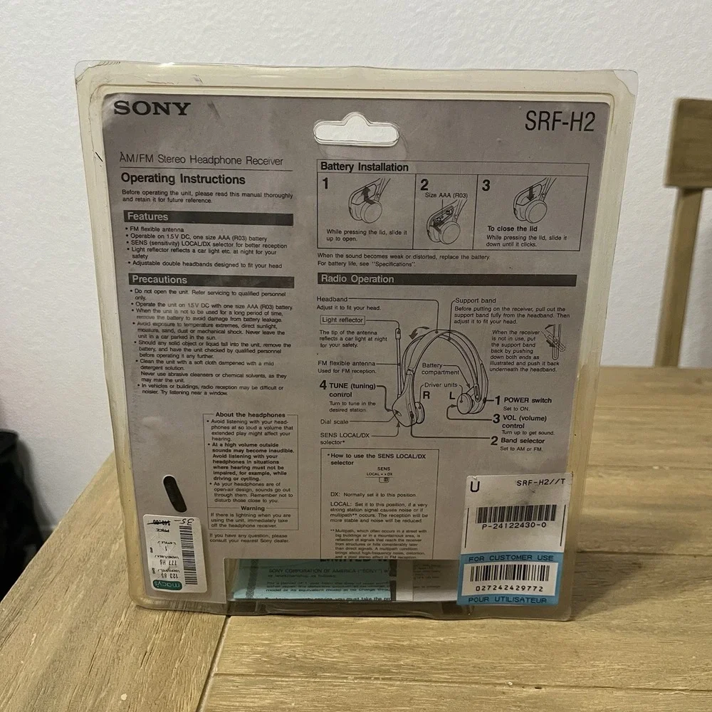 Sony Walkman FM/AM Adjustable Double Headband SRF-H2 Headphones NOS